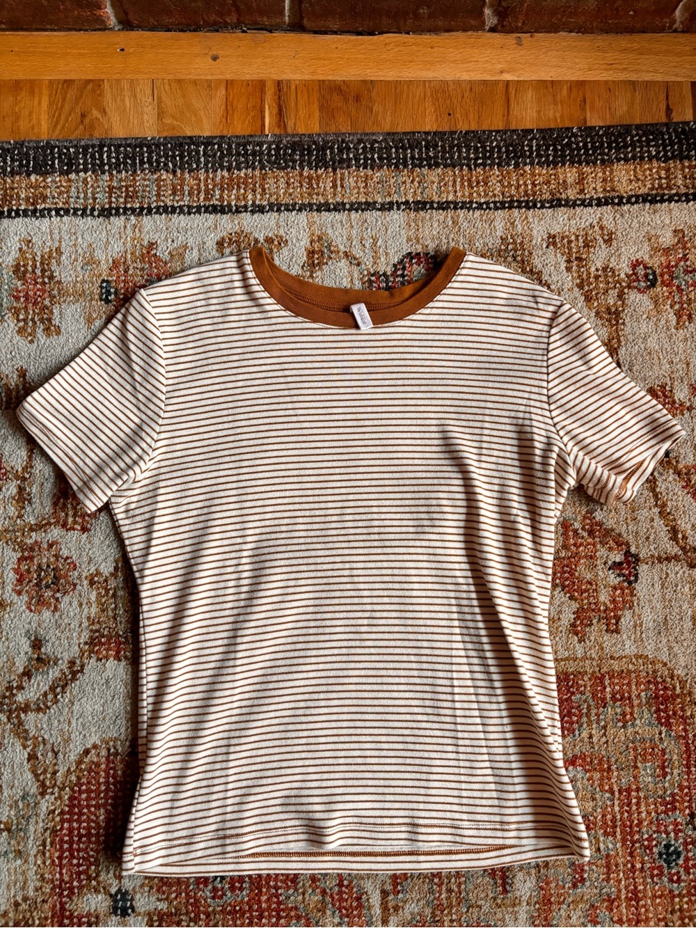 Wishlist Striped Ringer Tee Large | Cream & Warm Brown Short Sleeve Top